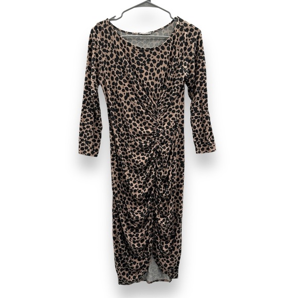 RTR Ingrid &‎ Isabel Leopard Print Tan Black Maternity Ruched Midi Dress Sz M - Picture 3 of 12